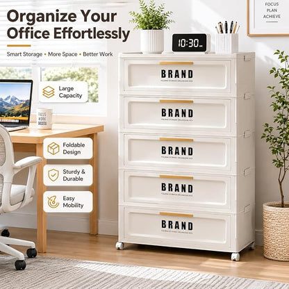 Foldable Storage Cabinet with Doors & Locking Wheels, 5-Tier Large-Capacity Organizer, No-Tool Setup, Impact-Resistant ABS Construction for Dorm, Pantry, Laundry, and Living Spaces