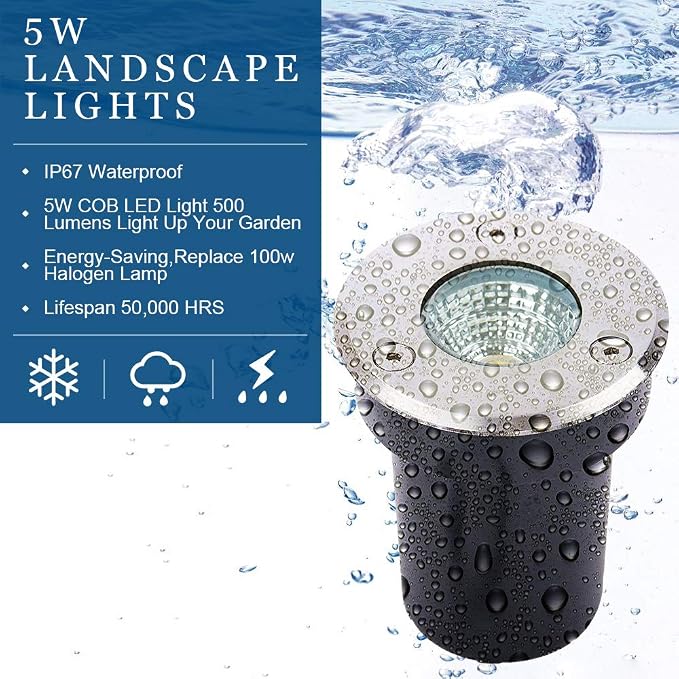 Low Voltage Landscape Lighting,LED Well Light Outdoor 12-24V AC/DC In-Ground Lights IP67 Waterproof Warm White Paver Lights with Wire Connector for Pathway,Fence (5, watts)