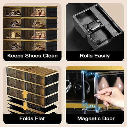 SYNCVIBE Shoe Rack Organizer for Closet Entryway Foldable Sneaker Storage Shoe, Collapsible Shoe Cabinet, Stackable Shoe Storage Cabinet with Lids for Living Room (9 Tiers -36 Pairs Black Gold)