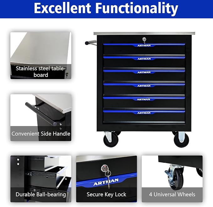 6-Drawer Rolling Tool Chest, Lockable Stainless Top for Garage, Black&Blue | Heavy Duty Modular Roll Around Tool Cabinet with Drawers for Workshop and Tool Box Storage