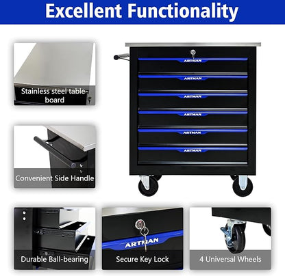 6-Drawer Rolling Tool Chest, Lockable Stainless Top for Garage, Black&Blue | Heavy Duty Modular Roll Around Tool Cabinet with Drawers for Workshop and Tool Box Storage