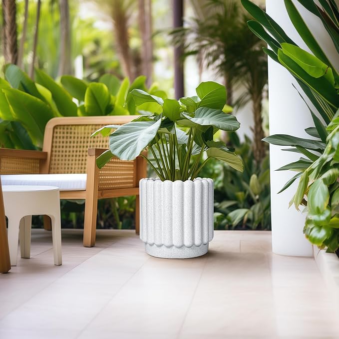 Ceramicfor Ceramic Flower Pot, 12 Inch, White | Fluted Design, Drainage Hole, Indoor Outdoor, Modern Round, Plant Lover Gift