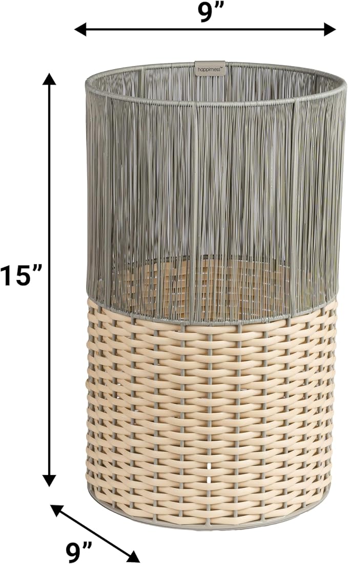 happimess HPM1101B Harper Modern 4.13-Gallon 2-Tone Faux Wicker Cylinder Waste Basket, Gray/Cream for Home, Bathroom, Living Room, Office, Bedroom, Kitchen