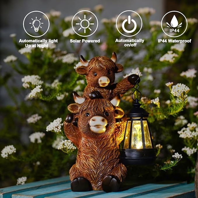 Goodeco 9.5 Inch Highland Cattle with Solar Lantern – Resin Garden Decor, Outdoor Statue & Unique Highland Cow Gifts (Brown)
