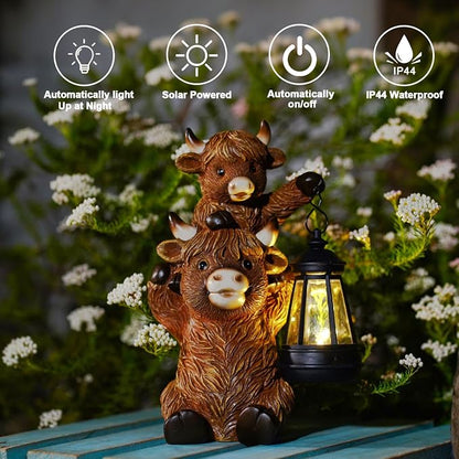 Goodeco 9.5 Inch Highland Cattle with Solar Lantern – Resin Garden Decor, Outdoor Statue & Unique Highland Cow Gifts (Brown)