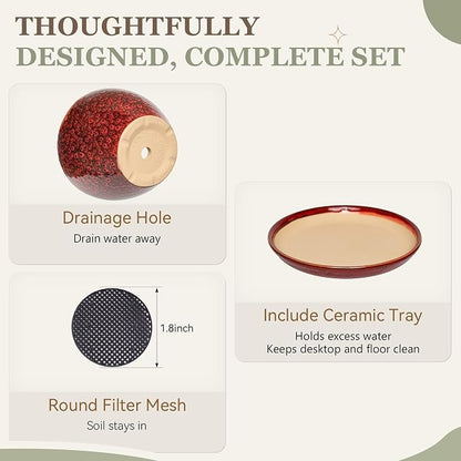 9.5 Inch Ceramic Plant Pot with Drainage Hole Mesh Net,Modern Gardening Pots for Indoor Plants with Saucer, Speckle Red