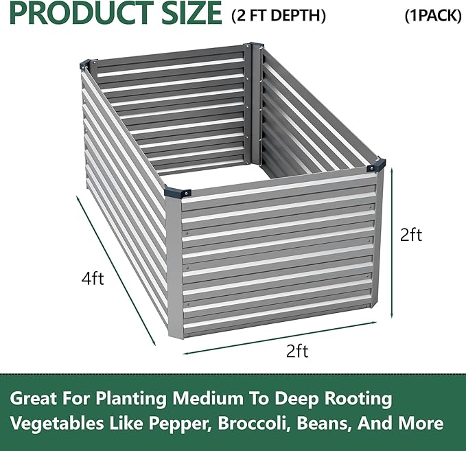 Vengarus 4x2x2ft Galvanized Raised Garden Bed,Metal Raised Beds Kit Silver | 2FT Deep Root Elevated Garden Planter Box, Corrugated Steel, Open Bottom, Rustproof All Weather, Large Vegetable Flower Bed