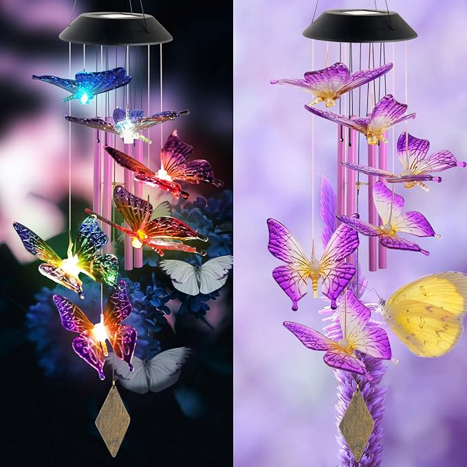 Purple Butterfly Wind Chimes Outdoor, Butterfly Garden,Glow in The Dark Garden Decor with Iron Metal Pendant Patio Hanging Ornaments for Yard Tree Outside, Unique Nature Gifts for Women Mom