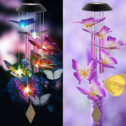 Purple Butterfly Wind Chimes Outdoor, Butterfly Garden,Glow in The Dark Garden Decor with Iron Metal Pendant Patio Hanging Ornaments for Yard Tree Outside, Unique Nature Gifts for Women Mom