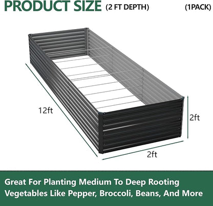Vengarus 12x2x2ft Galvanized Raised Garden Bed,Metal Raised Beds Kit Black | 2FT Deep Root Elevated Garden Planter Box, Corrugated Steel, Open Bottom, Rustproof All Weather, Large Vegetable Flower Bed