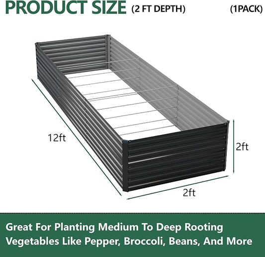 Vengarus 12x2x2ft Galvanized Raised Garden Bed,Metal Raised Beds Kit Black | 2FT Deep Root Elevated Garden Planter Box, Corrugated Steel, Open Bottom, Rustproof All Weather, Large Vegetable Flower Bed