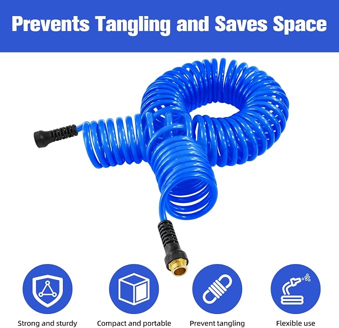 Coil Hose,3/8" EVA Coil Garden Hose 25 FT,Curly Water Hose Lightweight with Metal Connectors and Swivel Handle,Retractable Garden Hose Includes 8-Pattern Spray Nozzle for Boat, Yard, Patio