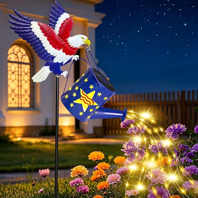 Solar Eagle Garden Lights Outdoor Decorations, Patriotic Watering Can Light with Cascading Fairy Lights, Solar Garden Decor for 4th of July, Memorial Day, Veterans Day, Yard, Patio, Lawn, Flower Bed