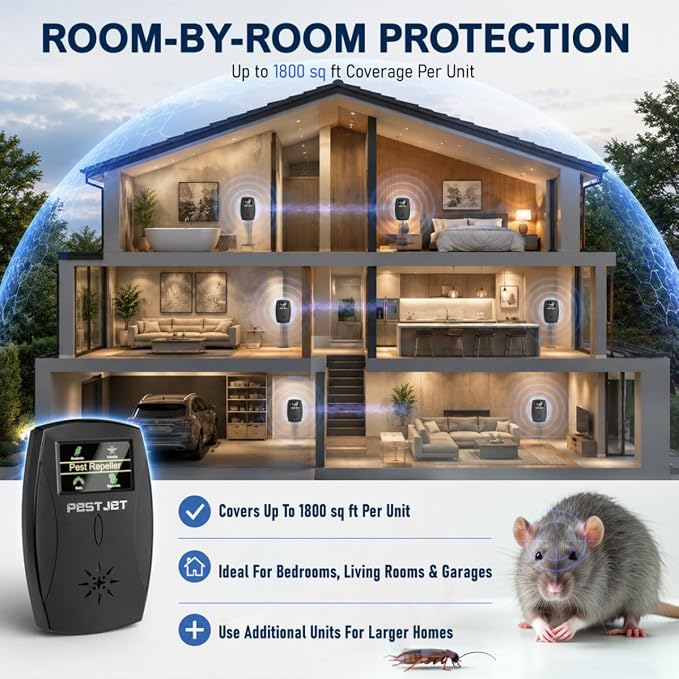 Smart Ultrasonic Pest Repeller with LCD Display – Indoor Outdoor Use – Electromagnetic Pest Control Device for Mice, Rats, Bats, Squirrels