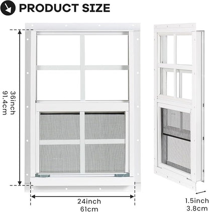 Shed Windows 2 Pack, Chicken Coop Windows 24" x 36" White | Flush Mounted Small Windows with Tempered Glass and Fiberglass Screen for Shed, Barns, Playhouse, Household, Garage