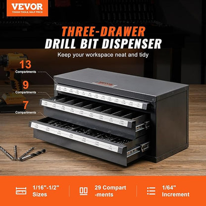 VEVOR Drill Bit Dispenser Cabinet, Three-Drawer Drill Bit Dispenser, Drill Bit Organizer Cabinet, Drill Dispenser Organizer Cabinet for Jobber Length Fractional Size 1/16" to 1/2" in 1/64" Increments