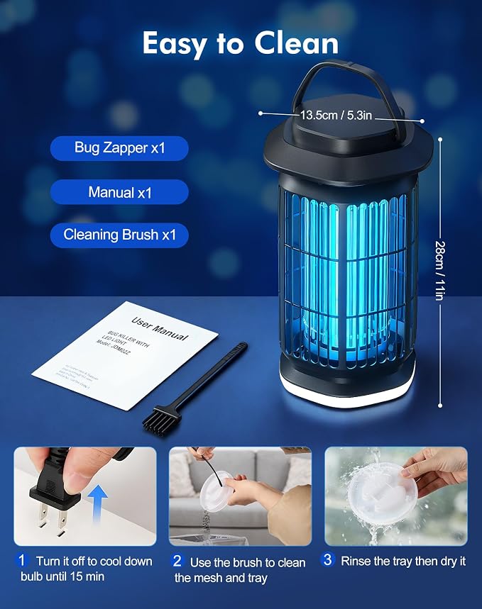 Bug Zapper Outdoor, 4000V Electric Mosquito Zapper, Fly Killer with Built-in Night Light, Insect Fly Trapper with Waterproof ABS Shell for Home, Patio & Garden, Indoor/Outdoor Use, Black
