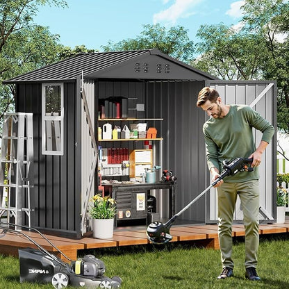 COMHOMA Shed Storage Outdoor Metal Windowed Lockable Garden Toolhouse Weatherproof Ventilated Backyard Utility Workshop(Grey,6'x4')