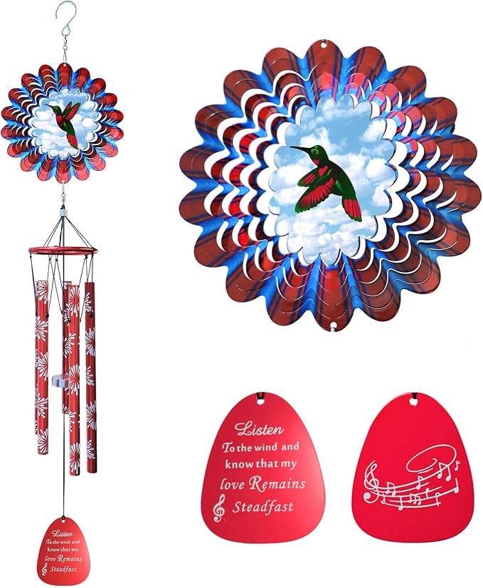 Wind Chimes for Outside, Wind Chime with Animated Hummingbird Spinner, 33" Memorial Windchimes Outdoor - Rustproof, Soothing Melody, Ideal for Garden Decoration Yard Decor Gift for Men Women
