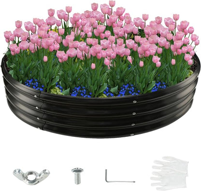 12 Inch Tall 60 Inch Diameter Round Black Raised Garden Bed Kits Outdoor | 1 FT Tall,5 FT Planter Bed for Flowers,Herbs,Vegetables,Trees,0.8MM Thick Galvanized Metal Painted,with Gloves,Tool free