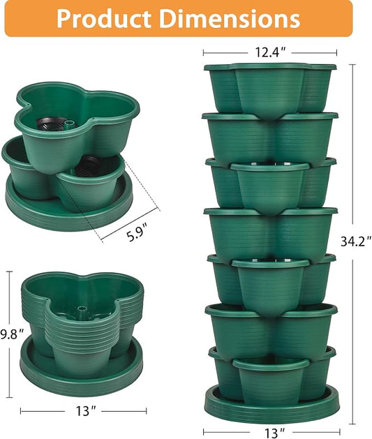 VECELO 7 Tier Vertical Garden Planter, Self Watering Stackable Planters with Wheels for Strawberries, Herbs, Flowers, Vegetables, Dark Green