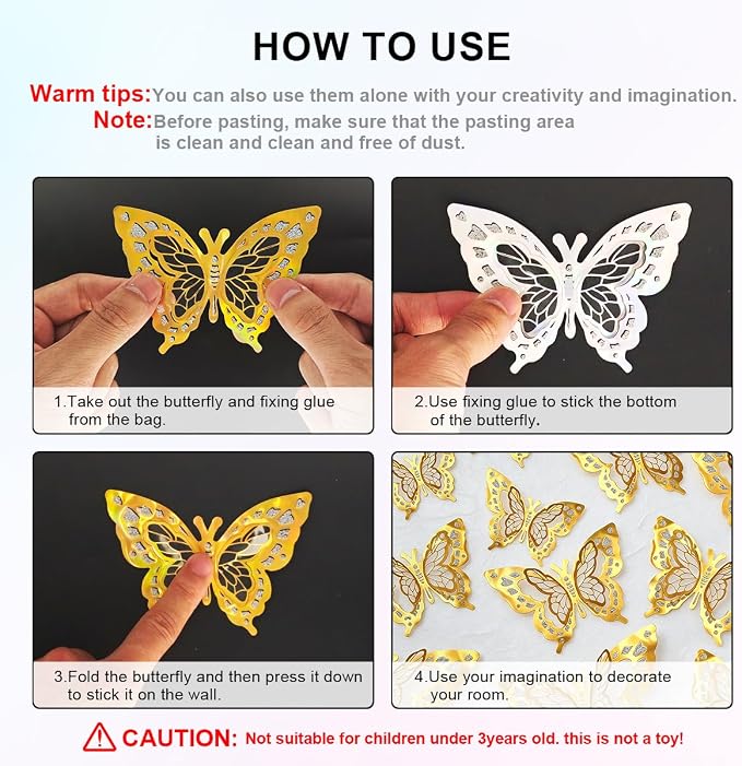 60 Pcs Butterfly Wall Decals - 3D Gold Butterflies Removable Mural Wall Stickers for Home Room Office Bedroom Decorations