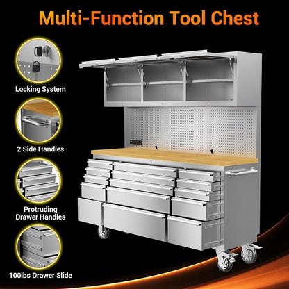 CHETTO C 72-inch Rolling Tool Chest Cabinet Mobile Workbench with 15 Storage Drawers and Wheels 3 Upper Cabinet Outlet SS Pegboard Stainless Steel Tool Box for Garage Warehouse