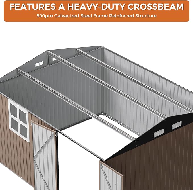 IRONCK 10x12 FT Storage Shed with Clear Window, Outdoor Tool Shed with Lockable Doors and Breathable Ventilation, Metal Garden Storage with 9.8x11.5 FT Base for Generators/Bikes/Wheelbarrows, Brown