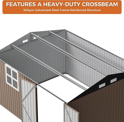 IRONCK 10x12 FT Storage Shed with Clear Window, Outdoor Tool Shed with Lockable Doors and Breathable Ventilation, Metal Garden Storage with 9.8x11.5 FT Base for Generators/Bikes/Wheelbarrows, Brown
