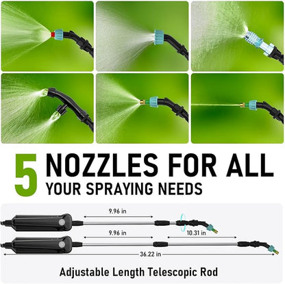Weed Sprayer 2 Gallon, 7.4V Battery Powered Sprayer, Weed Killer Sprayers with 5 Mist Nozzles,Rechargeable Handle,Retractable Wand and Adjustable Strap for Garden, Yard,Lawn