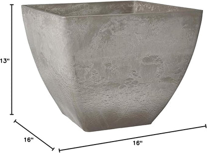 PSW Pot Collection 16x13 inch Plastic/Stone/Wood Composite Square Planter – No Drainage Hole (Drillable), Modern Indoor/Outer Pot for Flowers, Foliage, Succulents, Fairy Gardens, Cement Color