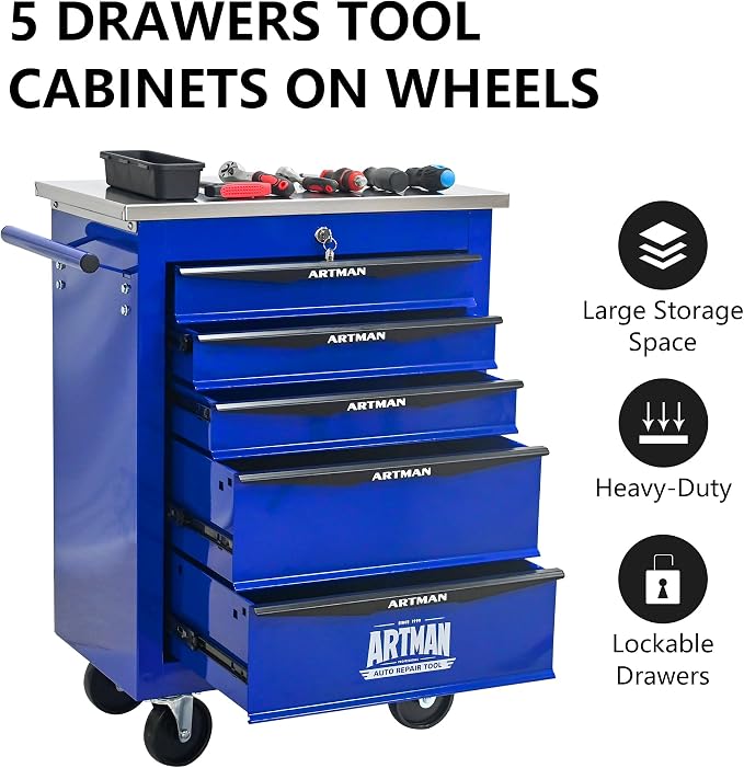 KEIKI 5 Drawers Tool Cart on Wheels,Multifunctional Rolling Tool Chest Tool Storage,Drawers Rolling Tool Trolley Organizer Tool Case for Garage, Warehouse, Workshop, Repair Shop (Blue)