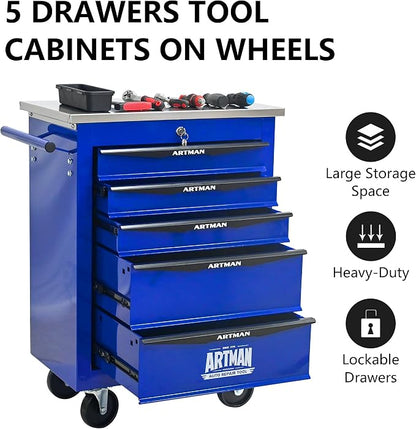 KEIKI 5 Drawers Tool Cart on Wheels,Multifunctional Rolling Tool Chest Tool Storage,Drawers Rolling Tool Trolley Organizer Tool Case for Garage, Warehouse, Workshop, Repair Shop (Blue)