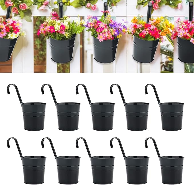 KINGLAKE Flower Pots,10 Pcs Metal Iron Hanging Flower Plant Pot Balcony Garden Plant Planter Baskets Fence Bucket Pots 6.3'' Flower Holders with Detachable Hook Black