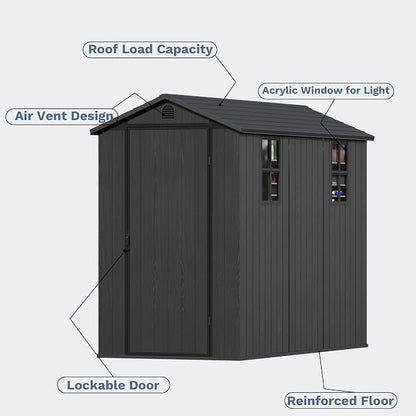 Devoko 4×8 FT Resin Storage Shed with Floor, Garden Plastic Outdoor Shed with Window and Lockable Door, Waterproof Outside Tool shed for Backyard Patio, Dark Grey