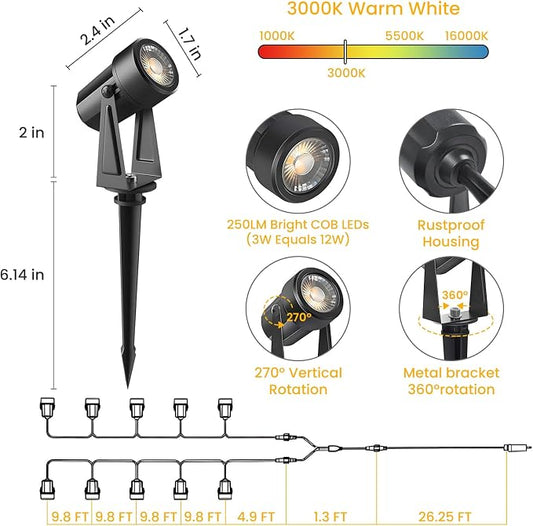 Svater Landscape Lighting Low Voltage, 10 Pack Outdoor Spotlights with Transformer, Plug in LED Spot Lights for Garden, Backyard, House, 3000K Warm White Super Bright 3W 250Lumem, Black