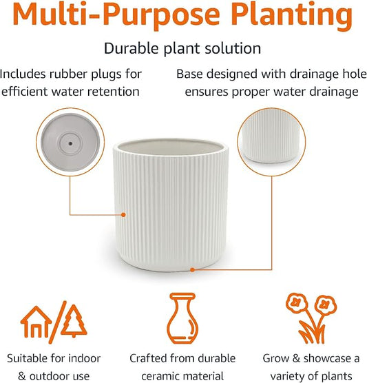 Amazon Basics Fluted Ceramic Planter Pot for Indoor Outdoor Plants, Round Flower Pot with Drainage Hole, 8-inch, White