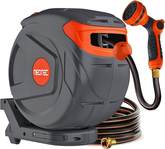 Upgraded Retractable Garden Hose Reel 1/2" x 82 ft 9 Pattern Nozzle Any Length Lock Wall-Mounted Automatic Slow Return 180° Swivel UV Resistant Heavy Duty Hose Reels for Outside
