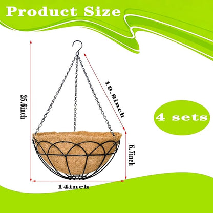 4 Pack 14 Inch Black Wire Hanging Planter with Coir Fiber Outdoor Round Hanging Basket with Metal Chain for Balcony Porch Farmhouse Country Style Garden Decor (Lotus Pattern)