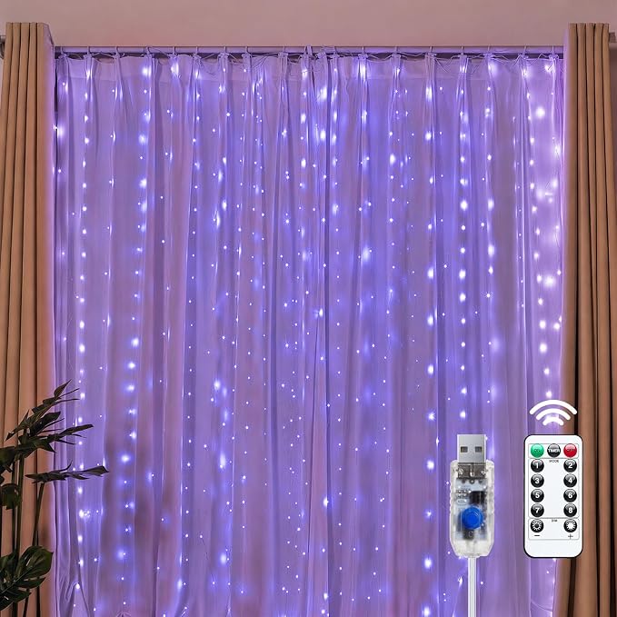 Brightown 300 LED Purple Halloween Fairy Curtain Lights, 9.8ft x 9.8ft String Lights, USB Plug in 8 Lighting Modes Christmas String Hanging Lights with Remote for Bedroom Indoor Outdoor Party Xmas