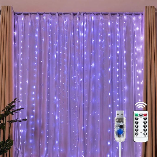 Brightown 300 LED Purple Halloween Fairy Curtain Lights, 9.8ft x 9.8ft String Lights, USB Plug in 8 Lighting Modes Christmas String Hanging Lights with Remote for Bedroom Indoor Outdoor Party Xmas