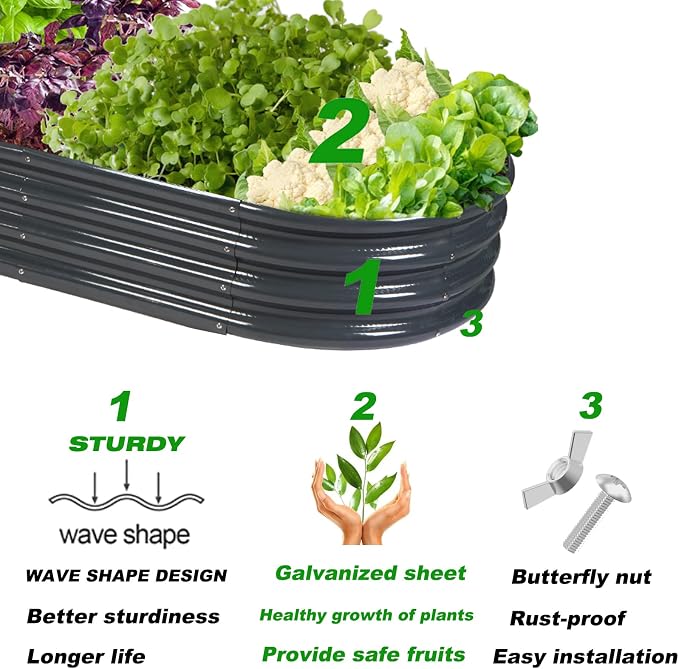 Rakukiri Raised Garden Bed GRS Certified Galvanized Planter Box Outdoor, 6.5ft Oval Rot-Resistant Metal Garden Bed Planter, Recycled Material Planter for Vegetables Flowers Herbs (Grey)