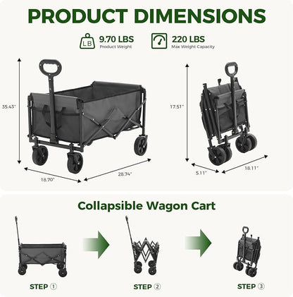 OLIXIS Collapsible Wagon 67L Compact Lightweight Utility Folding Wagon Cart with Wheels – 220 lbs Weight Capacity, Flexible Handle for Beach, Grocery, Camping, Shopping, Sports & Garden, Gray