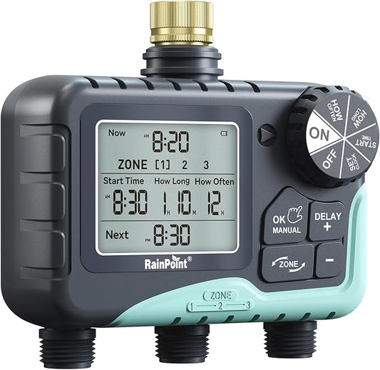 RAINPOINT 3 Zone Sprinkler Timer with Brass Inlet, Water Timer for Garden Hose,Rain Delay/Manual/Automatic Watering System, Hose,Hose Timers for Watering with IP65 Waterproof, Large LCD for Yard