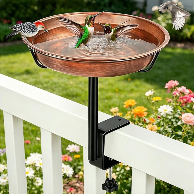 Gtongoko Deck Mounted Metal Bird Bath for Outside, 12 Inch Dia Weather-Resistant Birdbath Bowl for Balcony Fence Railing with Adjustable Clamp Outdoors