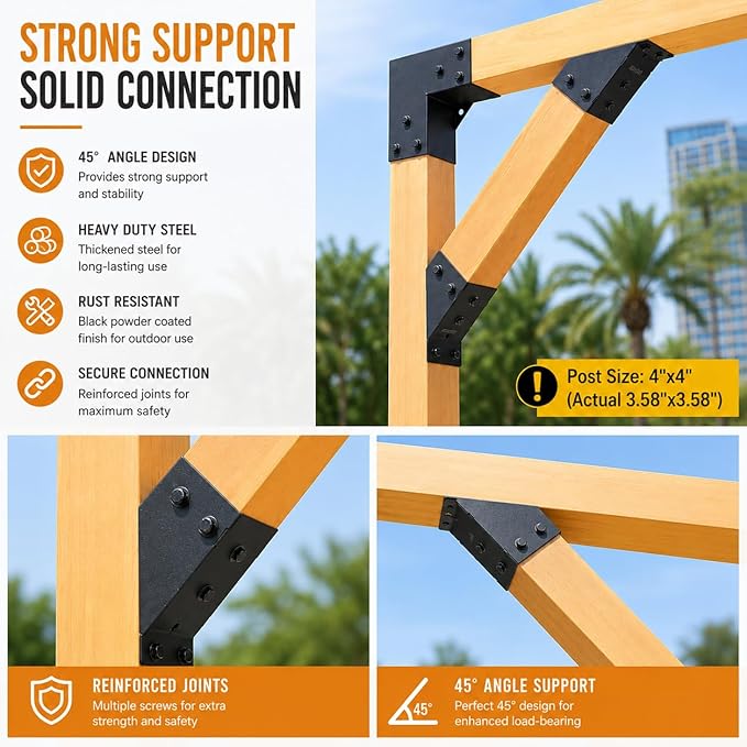45 Degree Pergola Brackets for 4x4 Lumber, Q235 Steel, 8 Pack | Black Powder-Coated Finish, Drain Holes and 304 Stainless Steel Screws for Gazebos, Decks and Cabins