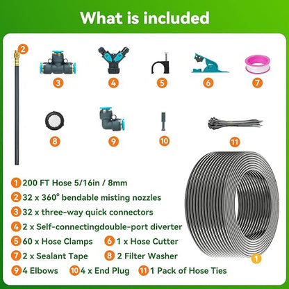 360°Adjustable Drip Irrigation System 200FT,5/16" Extra Long Garden Watering Kit with 32 Copper Nozzles,141Pcs Drip Irrigation Kit，Automatic Atomizing Plant Sprinkler for Large Yard, Greenhouse, Lawn