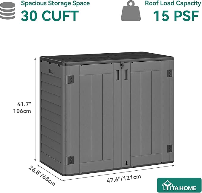 YITAHOME Outdoor Storage Shed w/o Shelf, 30 cu ft Horizontal Storage Shed Outdoor, Resin Waterproof Storage Cabinet for Garage, Poolside, Bikes, and Garden (Dark Gray + Black)