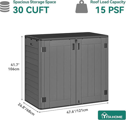 YITAHOME Outdoor Storage Shed w/o Shelf, 30 cu ft Horizontal Storage Shed Outdoor, Resin Waterproof Storage Cabinet for Garage, Poolside, Bikes, and Garden (Dark Gray + Black)