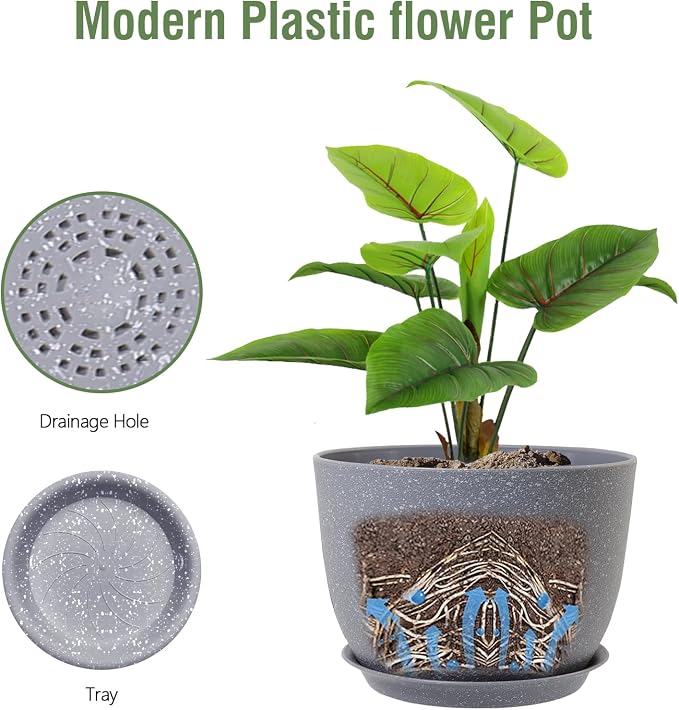 Meowell Plant Pots 12 inch, Plastic Planters with Drainage Holes and Saucers, Large Flower Pots for Indoor Outdoor Plants, Modern Decorative Pots for Garden House Plants, Speckled Grey